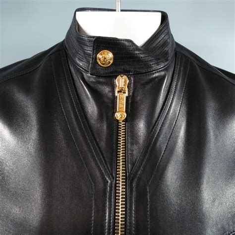 versace black leather biker jacket|Versace collection leather jacket.